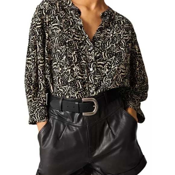 ba&sh Lio Pintucked Shirt Abstract Blouse 100% viscose half sleeves Size 2 - Picture 15 of 16